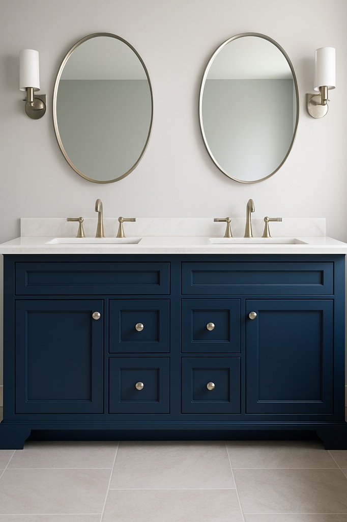Bathroom vanity cabinets painted navy blue