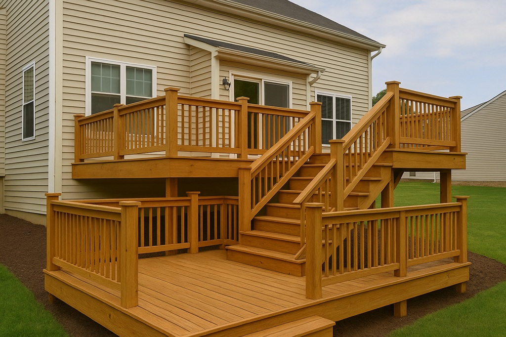 Two-level deck in semi-transparent natural tone