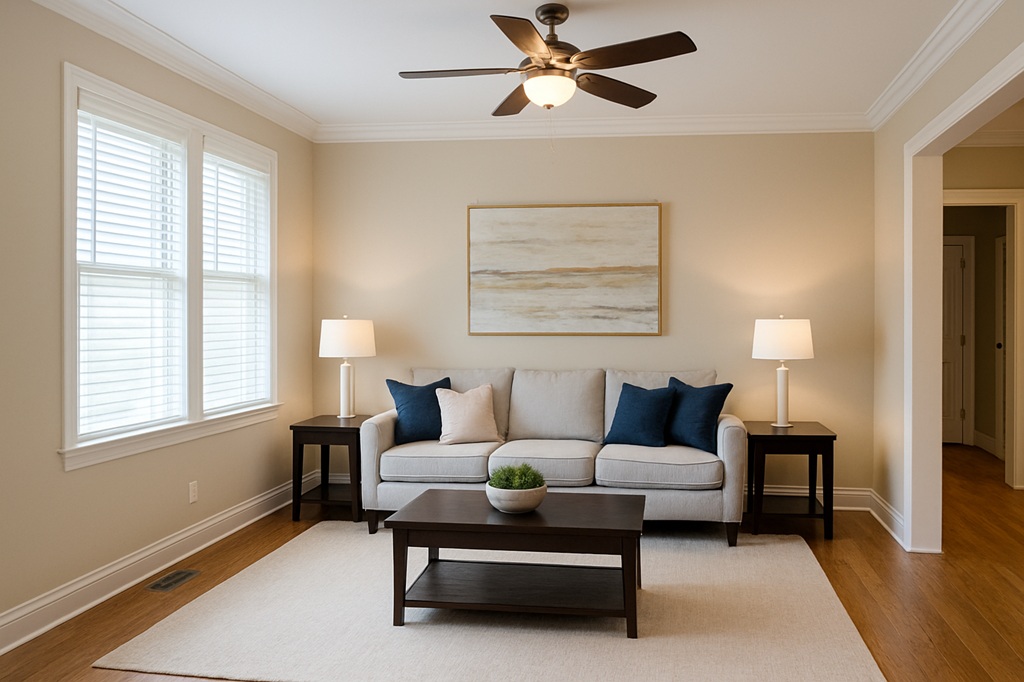 Neutral living room repaint with crisp trim